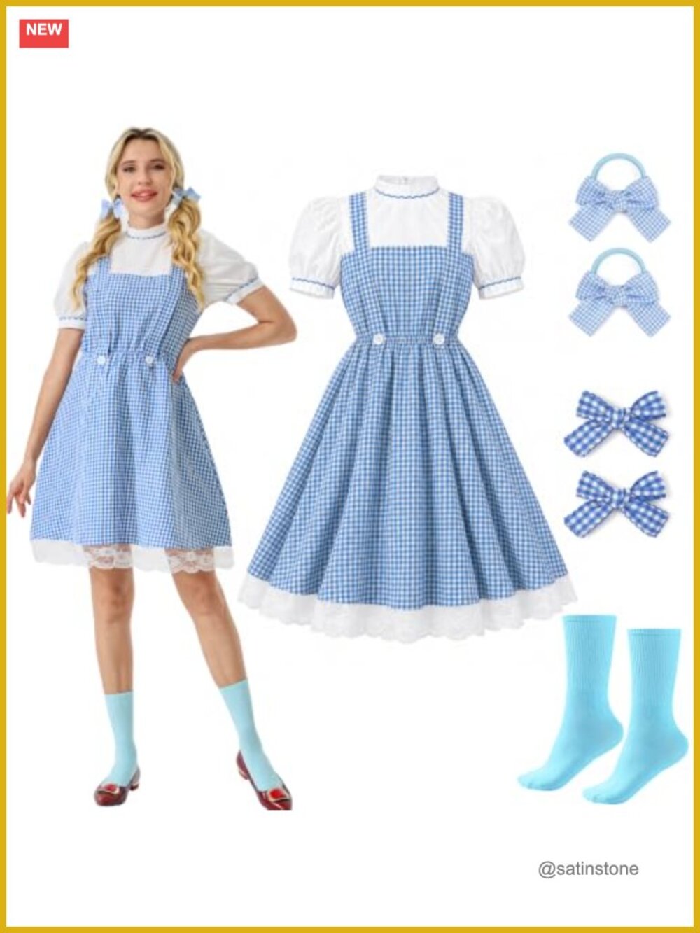 Women's Storybook Character Costume Set with Gingham Dress, Bow Hair